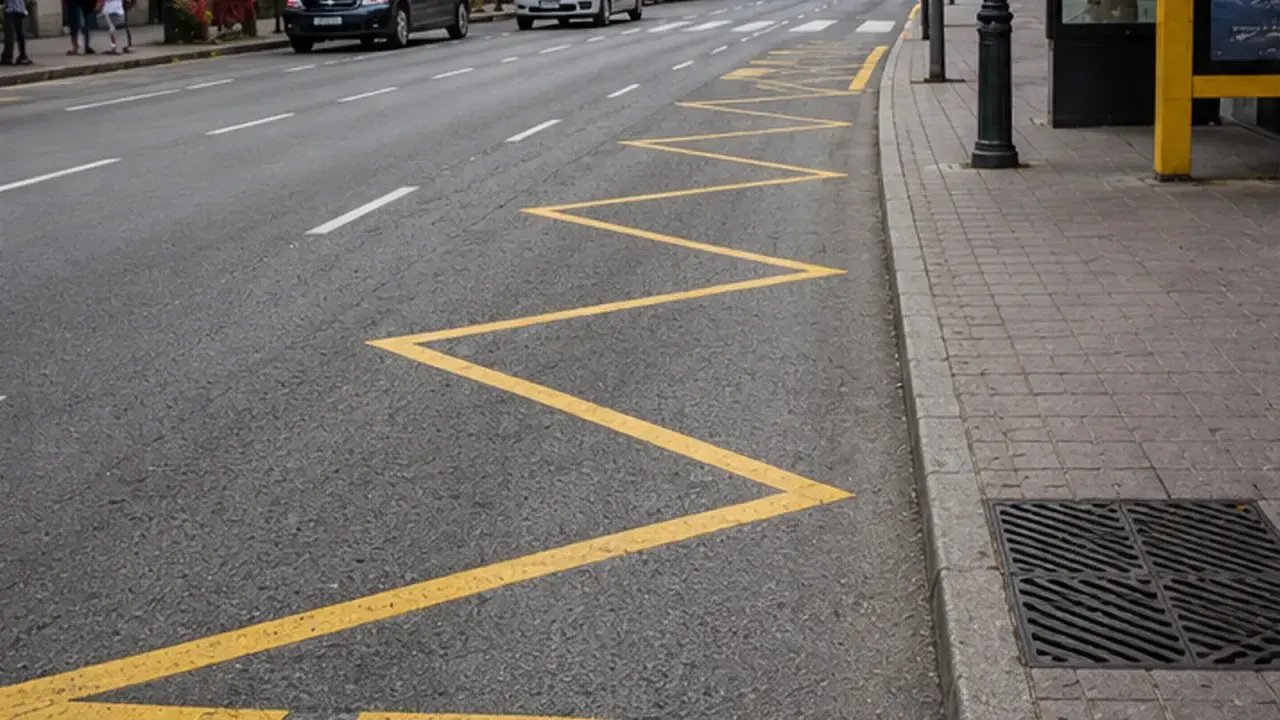 Zigzag amarillo en la carretera, parte de las marcas viales, indica una zona de prohibición de estacionamiento.