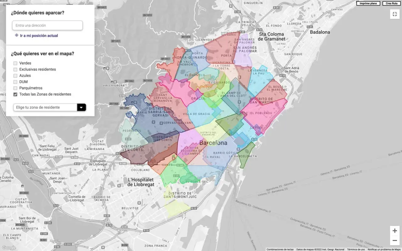 Mapa de Barcelona con zonas de aparcamiento. Se visualizan diferentes distritos y zonas de residentes, incluyendo la zona amarilla.