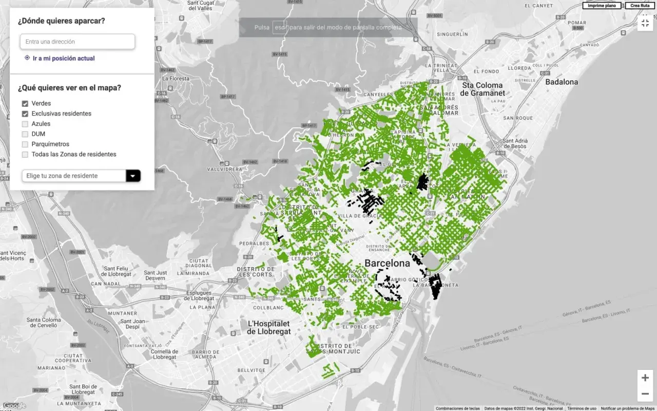 Mapa de Barcelona con zonas verdes y exclusivas para residentes. Busca tu parking en Barcelona.