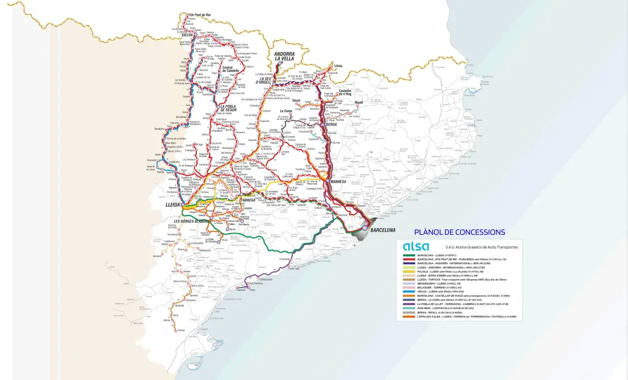 Mapa de concessions d'autobusos de S.A.U. Alsina Graells a Barcelona i rodalies, amb rutes cap a Lleida, Andorra i altres poblacions.