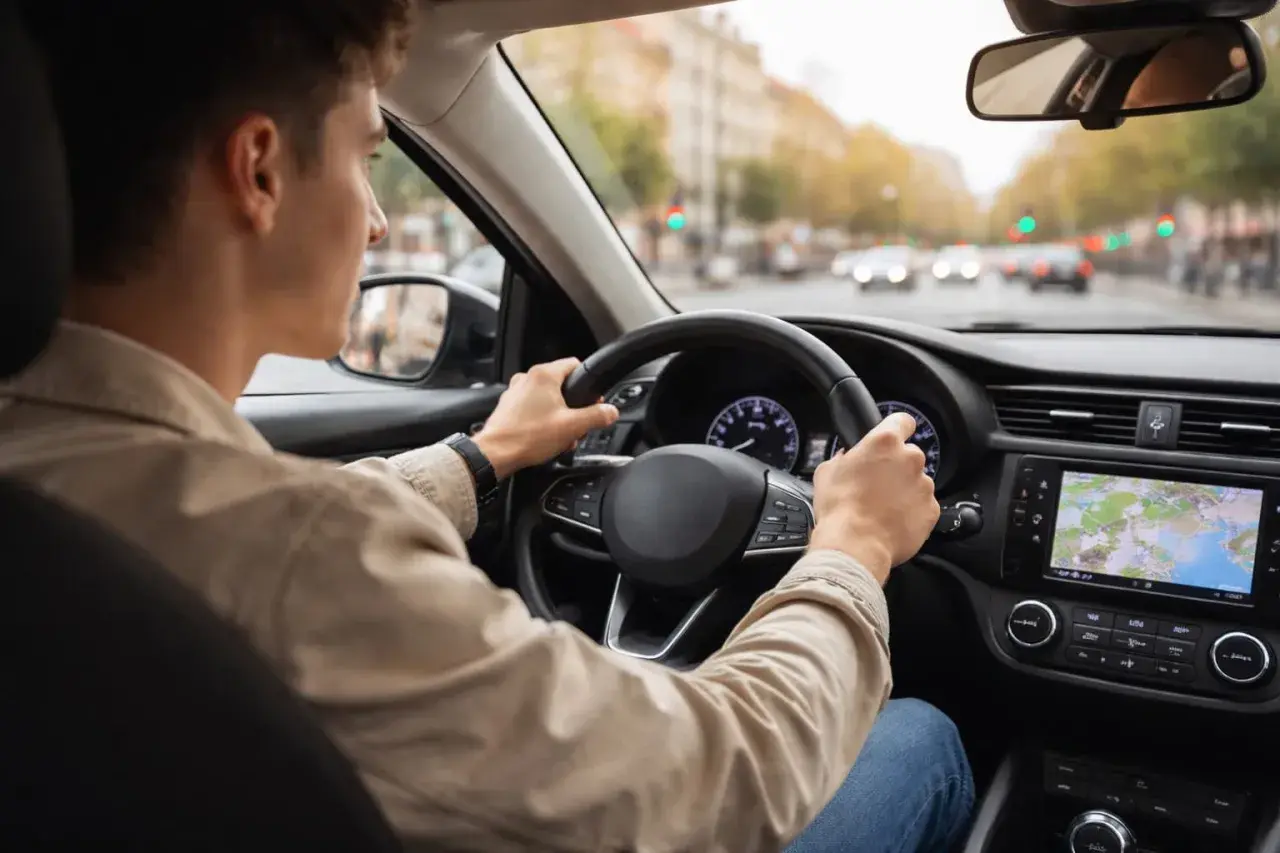 Joven conductor novel, con las manos en el volante, navega por la ciudad. ¿Cuántos puntos tiene un conductor novel?