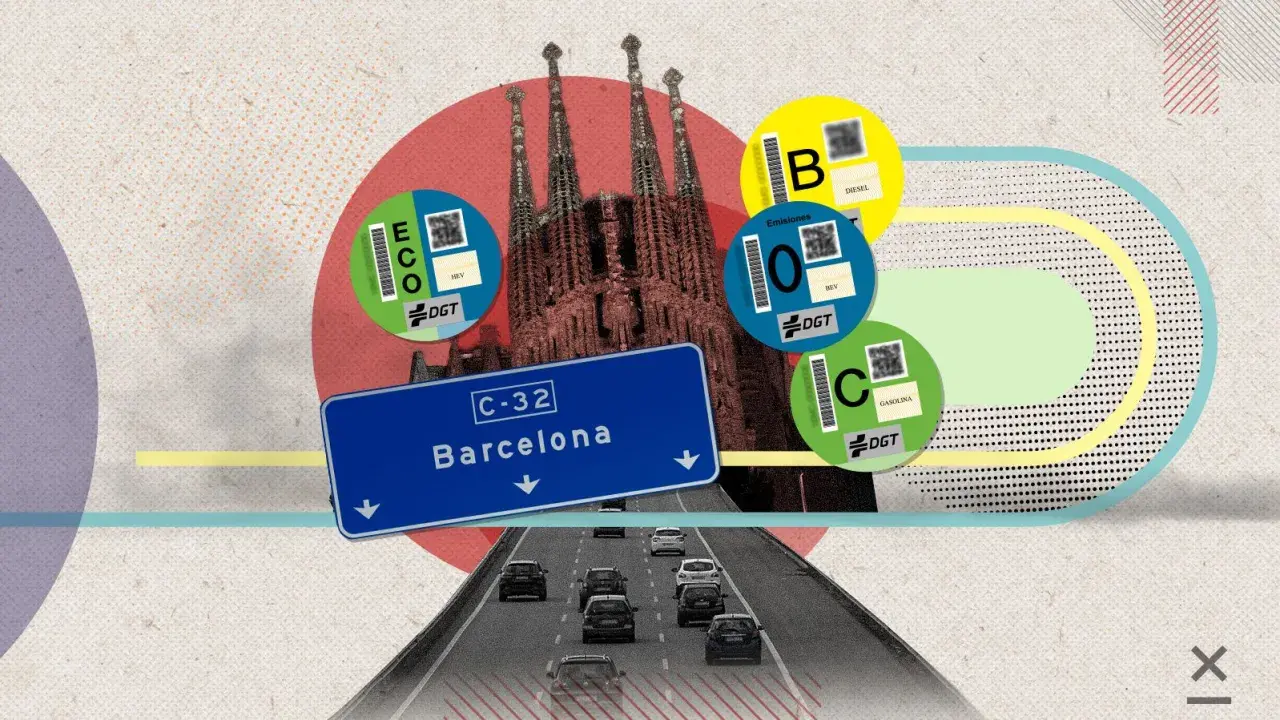 Pegatinas DGT en Barcelona, indicando la prohibición de coches gasolina y la transición a vehículos más limpios.