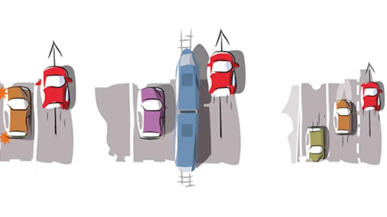 Ilustración muestra situaciones de tráfico, incluyendo un accidente y un tren. Se ilustra cuándo se puede adelantar por la derecha.