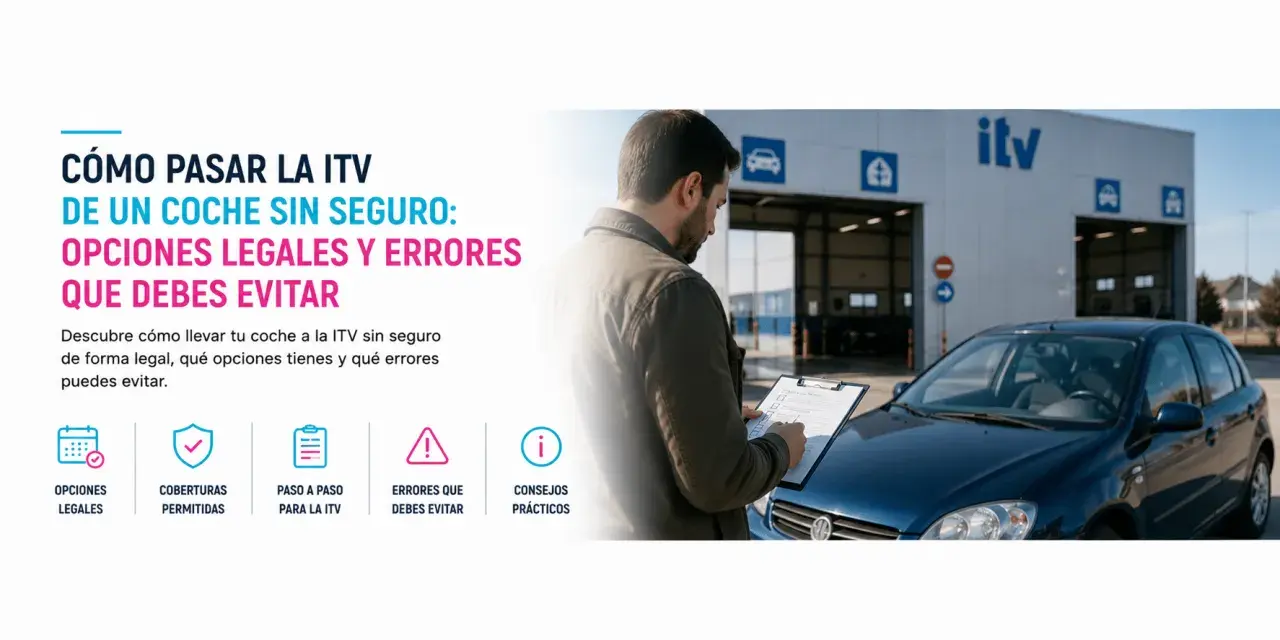 Hombre revisa papeleo frente a un coche azul en una estación ITV. Aprende cómo se puede pasar la ITV sin seguro, opciones legales y errores a evitar.