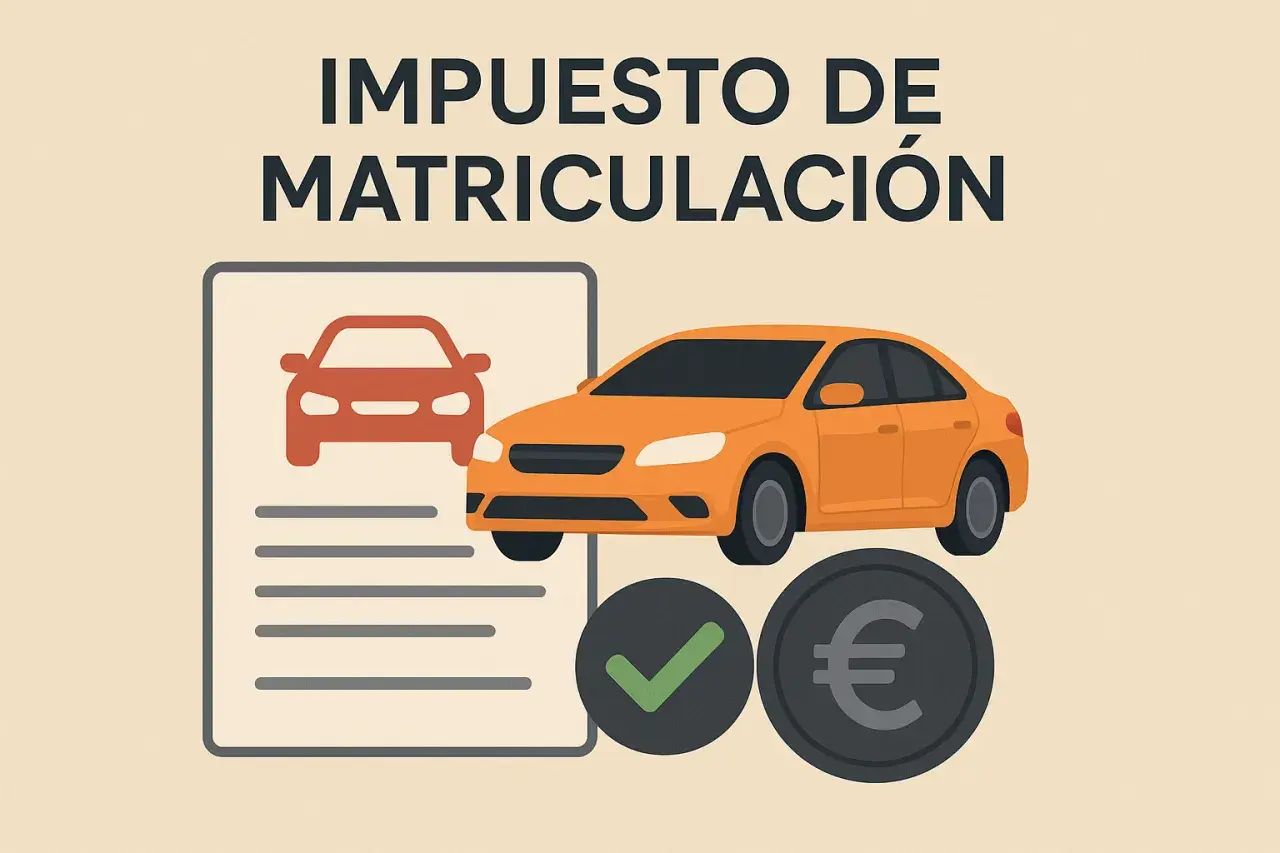 Documento con coche rojo, coche naranja, marca de verificación y moneda de euro. El impuesto matriculacion coche es un trámite importante.