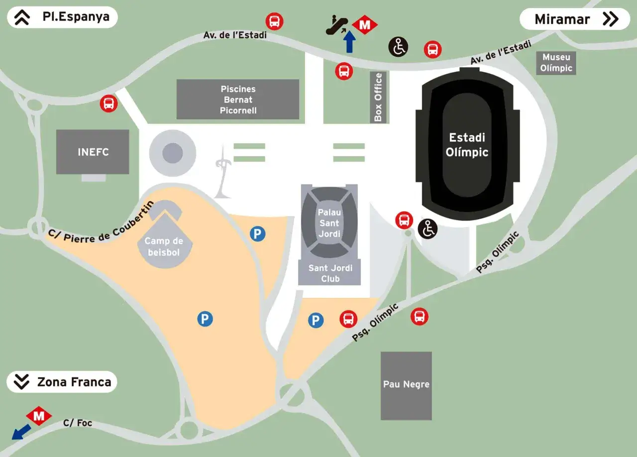 Mapa de Montjuïc: Estadi Olímpic, Palau Sant Jordi, INEF, piscinas, camp de beisbol y aparcamientos.