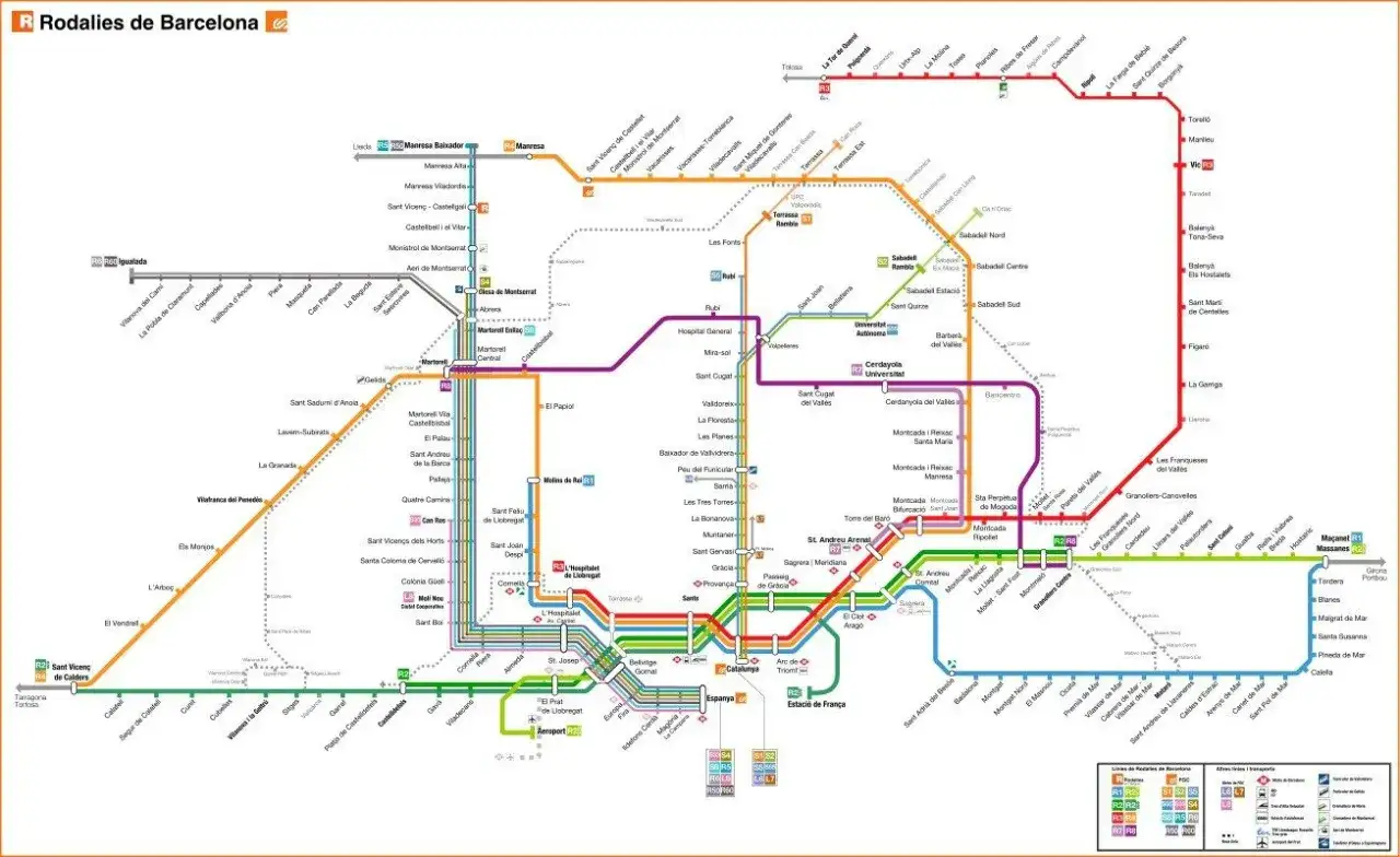 Mapa de Rodalies de Barcelona, mostrando las l&iacute;neas R1, R2, R3, R4, R7 y R8, con estaciones como Sants, Catalunya y Aeroport.