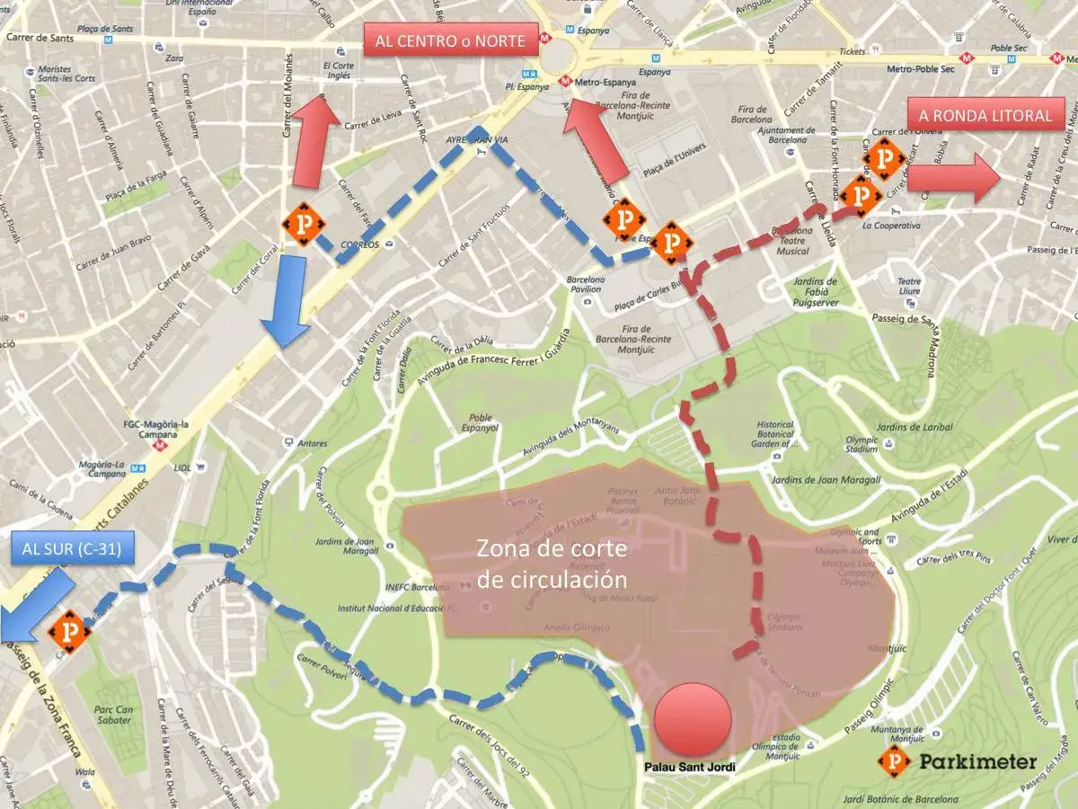 Mapa de aparcamiento cerca del Palau Sant Jordi. Rutas y zonas de circulación.