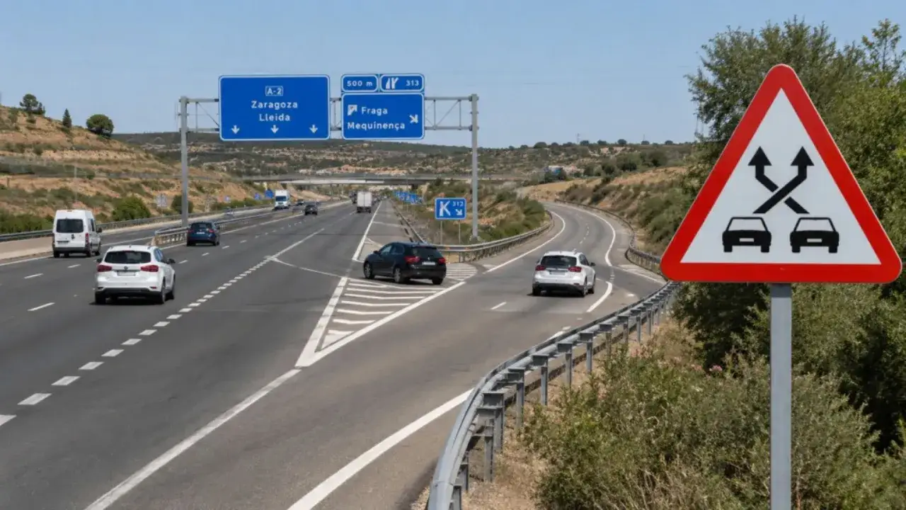 Se&ntilde;al p35 advierte de cruce de carriles en autopista. Coches circulan por la A-2 hacia Zaragoza y Lleida.