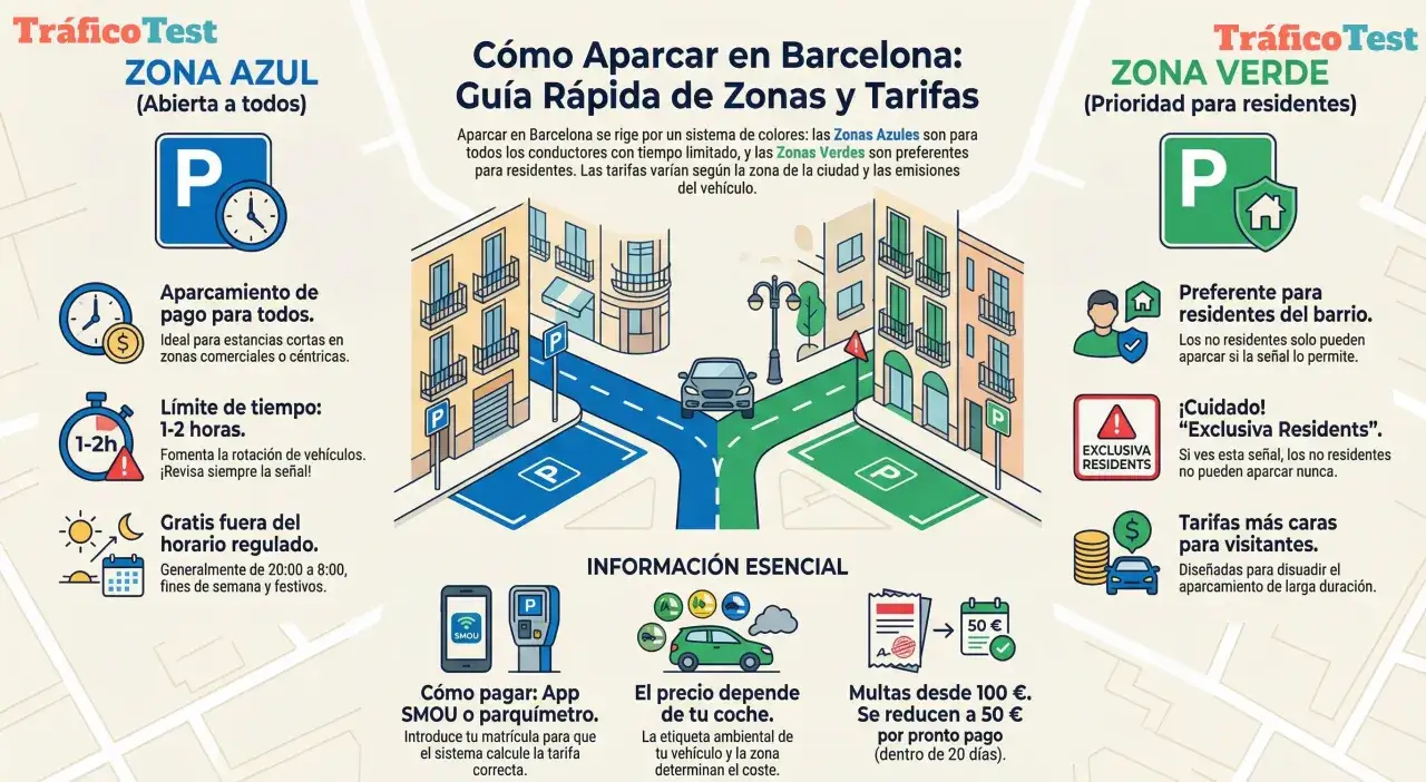 Guía de aparcamiento en Barcelona: Zonas Azules y Verdes. Información sobre tarifas, pago y multas.