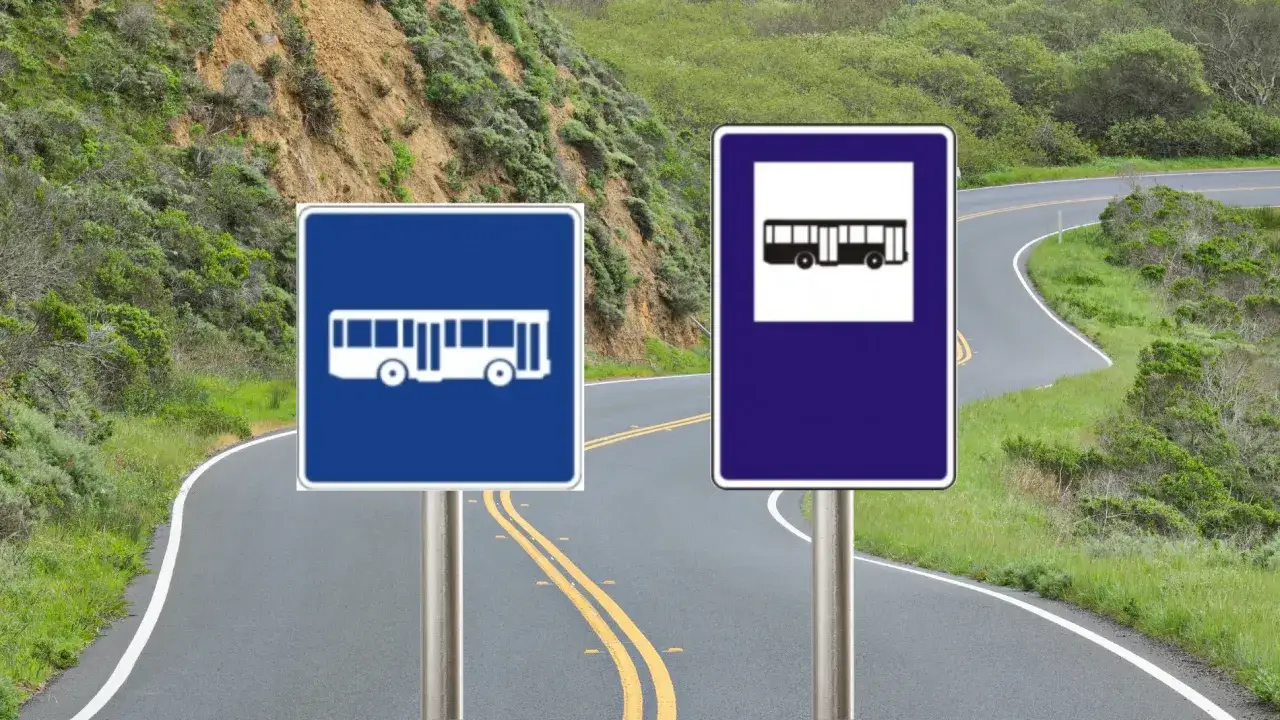 Dos se&ntilde;ales de tr&aacute;fico con siluetas de autobuses indican una parada o ruta.