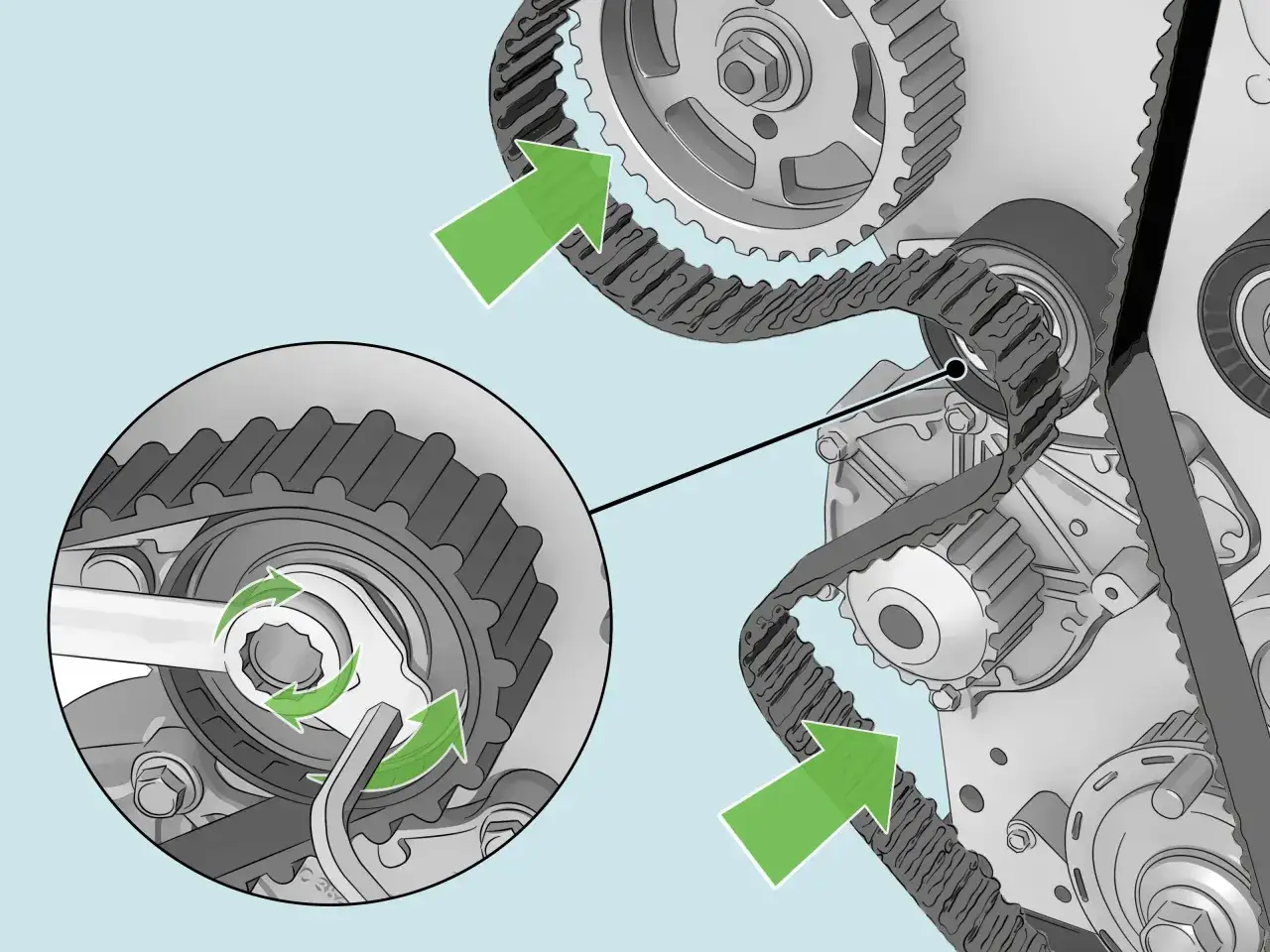 Ilustración de un motor mostrando la correa de distribución y engranajes. El manual indica cada cuanto se cambia la correa de distribución.