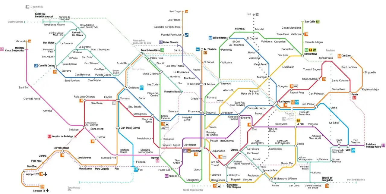 Mapa del metro de Barcelona con líneas de colores y nombres de estaciones.