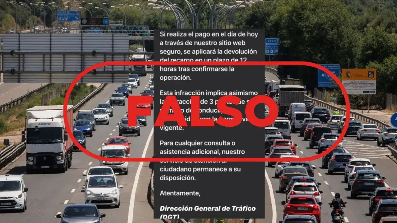 Texto sobre multa falsa en medio de tr&aacute;fico. La imagen advierte que la informaci&oacute;n sobre cu&aacute;nto tarda en llegar una multa es enga&ntilde;osa.
