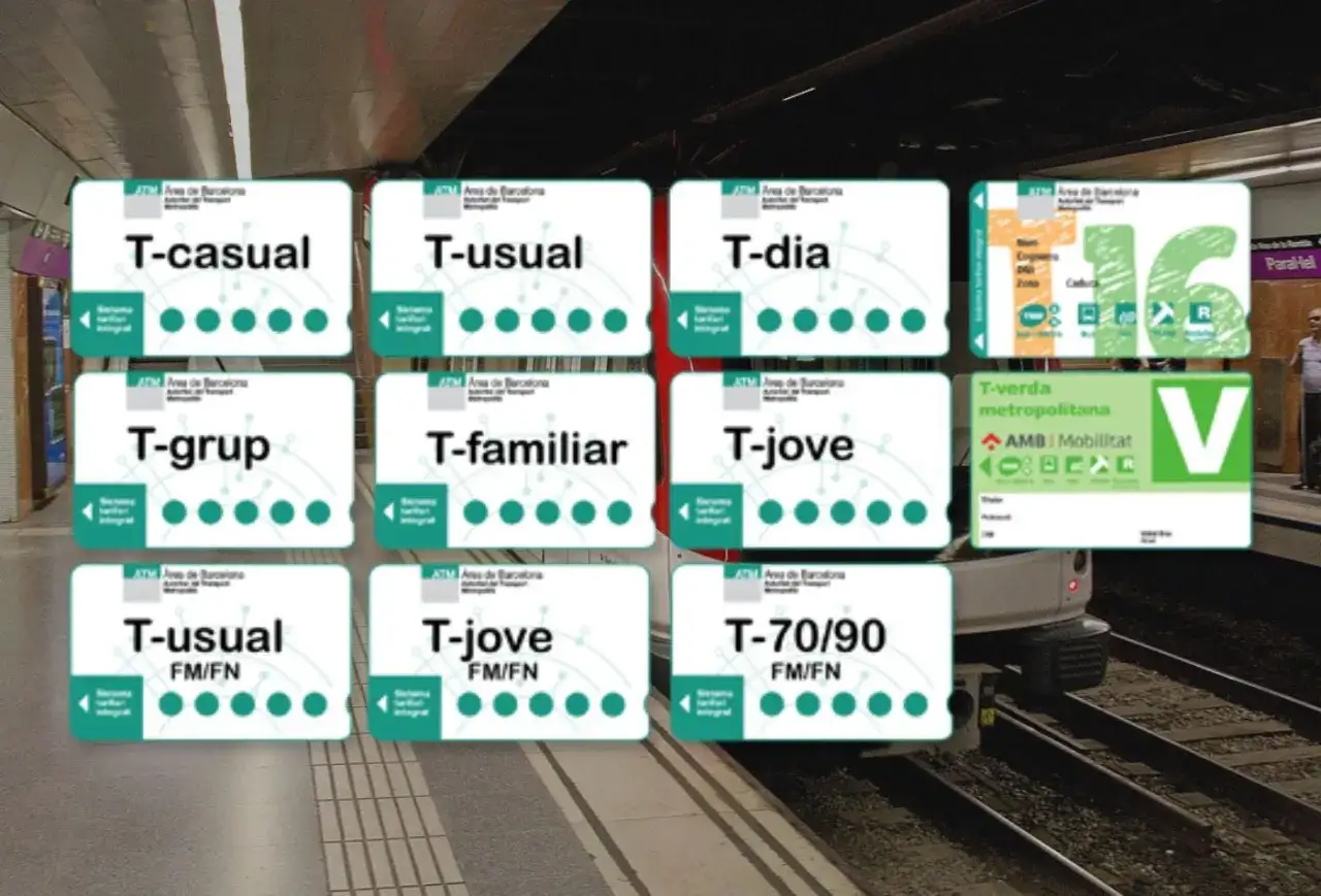 Tarjetas de transporte p&uacute;blico de Barcelona: T-casual, T-usual, T-dia, T-grup, T-familiar, T-jove, T-70/90 y T-verda. Cada una con un precio y uso diferente.